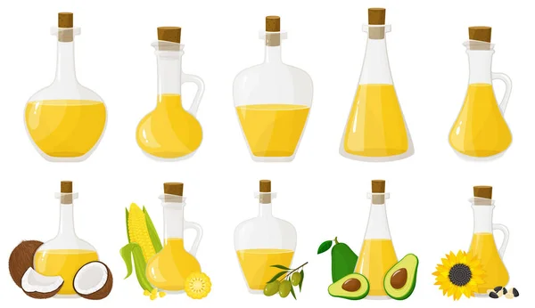 Set Glass Bottles Different Oils Olive Sunflower Corn Coconut Avocado — Vettoriale Stock