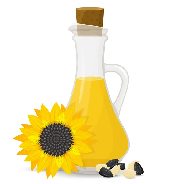 Sunflower Seed Oil Glass Bottle Isolated White Vector Illustration Yellow — Stockvektor