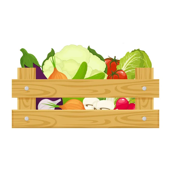 Wooden Box Different Fresh Vegetables Isolated White Background Vector Illustration — Vector de stock