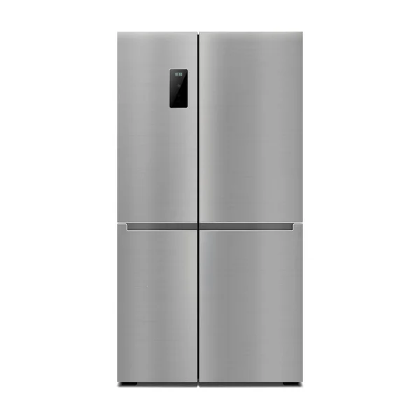 Vector 3d realistic mock up with gray two-chambered refrigerator isolated on white background. Modern smart appliance in kitchen.