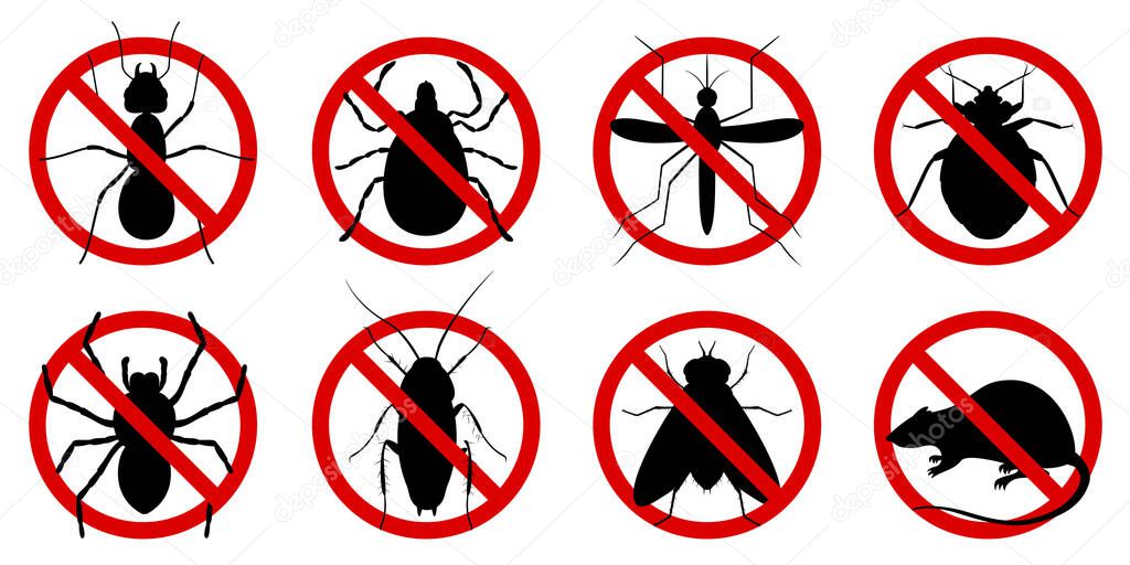 Anti pest control ban, prohibition parasitic insects. Stop, warning, forbidden bug icon set. No, prohibit signs of cockroaches, spiders, fly,mite, ticks, mosquitoes, ants, rats, bug