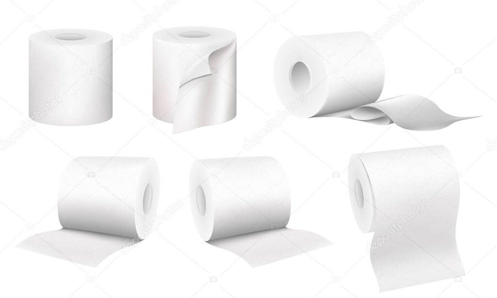 Realistic toilet paper roll set isolated on white background. Collection of soft textured sanitary napkin in different angles and positions , 3D illustration