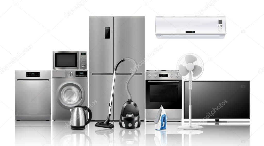 A set of household appliances: microwave oven, washing machine, refrigerator, vacuum cleaner, iron, stove, fan, air conditioner, TV, dishwasher, kettle. Realistic 3D vector, isolated