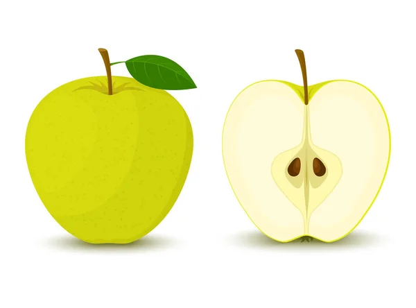 Apple Whole Green Apple Half Leaf Isolated White Background Flat — Vetor de Stock