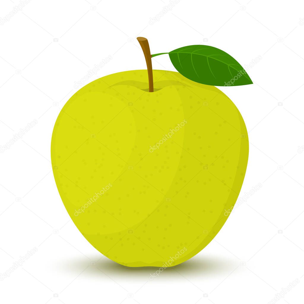 Apple. Whole green apple with leaf, isolated on white background. Flat design