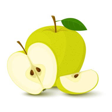 Apple. Composition with whole, half and sliced green apples isolated on white background. Flat cartoon style.