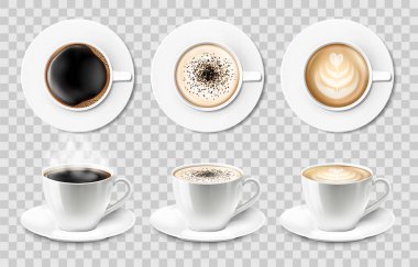 3D gerçekçi vektör izole edilmiş beyaz seramik kahve fincanları, çay tabağı, kapuçino, americano, espresso, mocha, latte, kakao. Şeffaf bir arka planda kahve fincanı ya da bardak seti