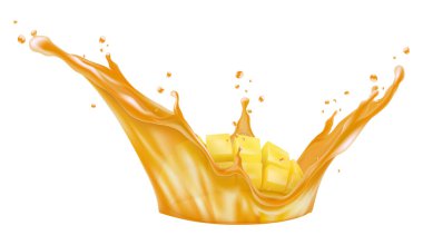 Mango juice with ripe fruits. Sliced mango cubes and juice splash. Realistic 3D vector illustration. isolated on white background.