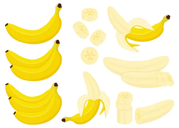 Banana Set Whole Half Peeled Banana Bunch Bananas Slices Banana — Vetor de Stock