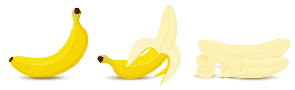 Банановый Набор Целые Желтые Фрукты Ломтики Очищенные Кусочки Спелые Вегетарианские — стоковый вектор