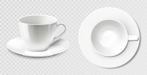 Set Realistic White Coffee Mugs Cups Saucer Isolated White Background — Vetor de Stock