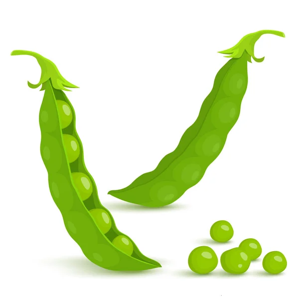 Green Pea Green Peas Pods Isolated White Background Vector Flat — Image vectorielle