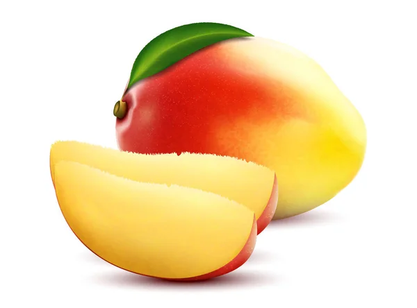Mango Fruits Sweet Fruits Whole Slice Mango Fruit Leaf Realistic — Stockvektor