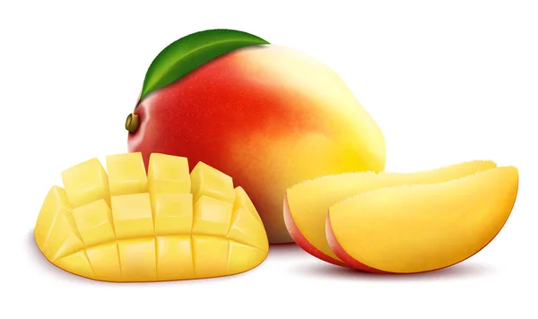 Mango Whole Sliced Mango Cubes Isolated White Background Sweet Fruits — Archivo Imágenes Vectoriales