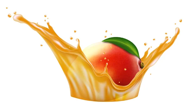 Mango Fruits Leaves Splashes Juice Drops Realistic Vector Illustration Isolated — Wektor stockowy