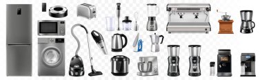 Beyaz arka planda izole edilmiş gerçekçi ev aletleri ve mutfak aletleri. Mikrodalga, buzdolabı, çamaşır makinesi, tost makinesi, çoklu fırın, çaydanlık, blender.,