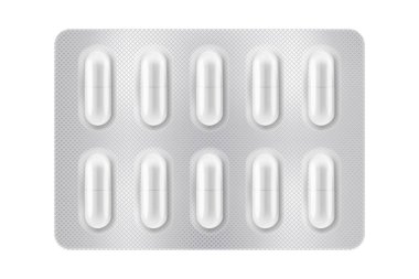 3D blister ile hap hastalık ve ağrı tedavisi için. Tıbbi ilaç paket tablet için: antibiyotik, vitamin, aspirin. Gerçekçi mock-up ambalaj. Vektör çizimler üzerinde arka izole paketi