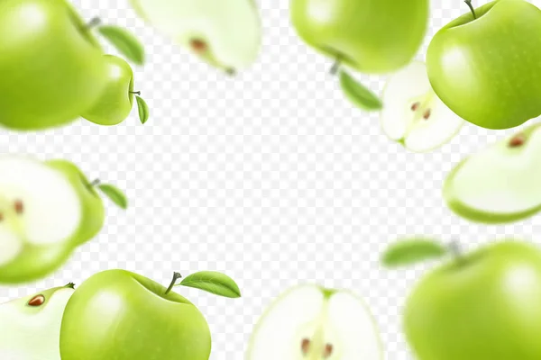 Flying Colorful Apples Advertising Background Falling Green Apples Realistic Blurred — стоковый вектор