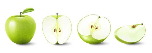 Set Isolated Colored Green Apple Half Slice Whole Juicy Fruit — стоковый вектор