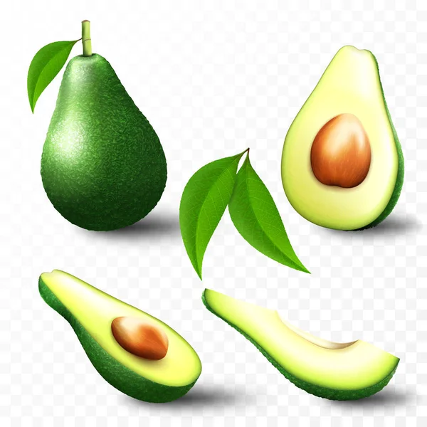 Set Fresh Whole Half Cut Slice Leaves Avocado Isolated White — Stockvector