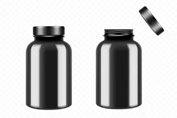 Geopende Gesloten Zwarte Plastic Medische Pil Flessen Realistische Vector Illustratie — Stockvector