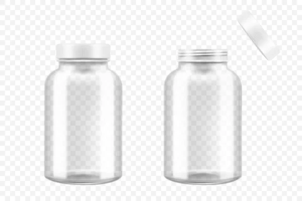 Open Gesloten Glazen Medische Pil Fles Realistische Vector Illustratie Mock — Stockvector
