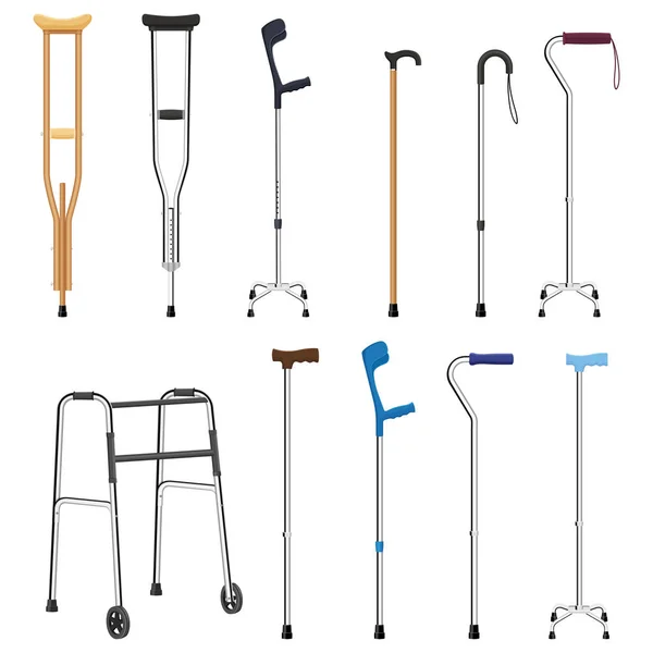 Set Mobility Aids Including Walker Walking Sticks Crutches Telescopic Metal — Stock Vector