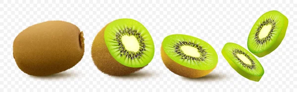 Kiwi Fruit Whole Half Pieces Sweet Fruit Vector Icons Set — Vector de stock