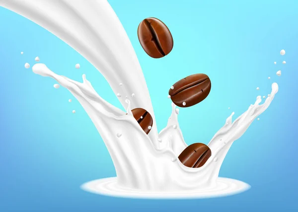 Milk Splash Coffee Beans Lying Milk Tongue Coffee Beans Falling — Archivo Imágenes Vectoriales