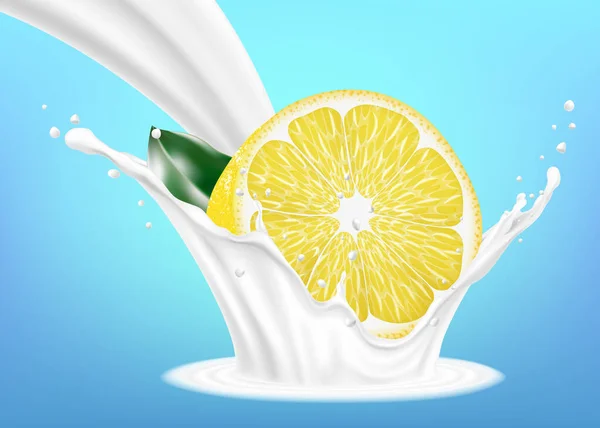 Lemon Fruit Milk Yoghurt Splash Design Element Packaging Realistic Vector - Stok Vektor