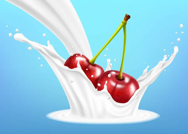Ripe Red Cherries Fruits Falling Milky Yogurt Splashes Realistic Vector — 스톡 벡터