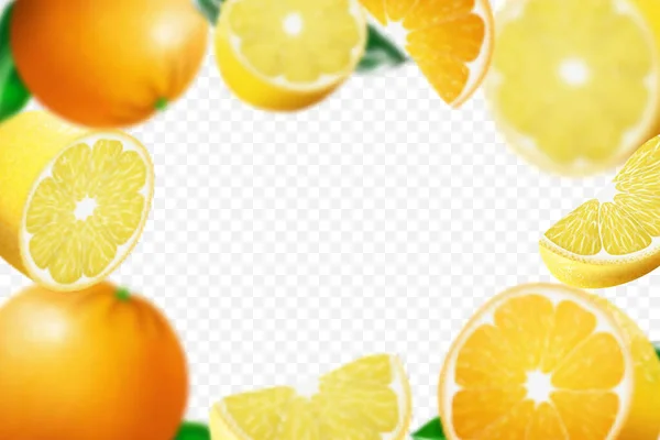 Realistic Citrus Background Flying Oranges Lemons Blur Effect Falling Lemon — Stockvector