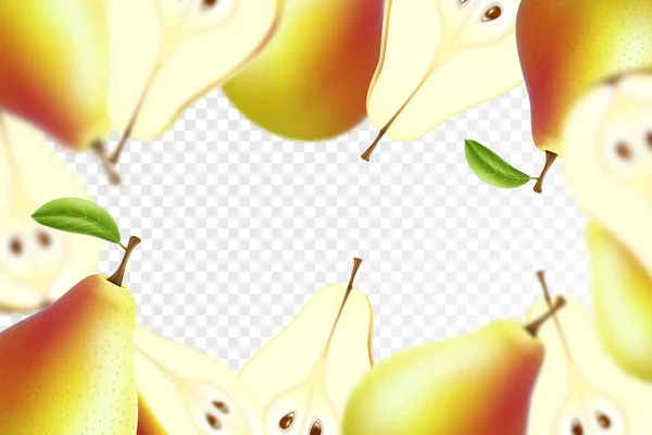 Fruit Background Realistic Flying Pears Whole Pieces Juicy Product Leaves — ストックベクタ