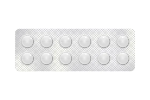 病気や痛みの治療のための薬と一緒に のブリスター タブレット用医薬品パッケージ ビタミン 抗生物質 アスピリン パッケージのモックアップ現実的 背景に分離されたパックのベクトル イラスト — ストックベクタ