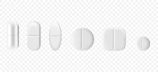 Antibiotic Pills Isolated White Background Collection Oval Capsule Shaped Tablets — Archivo Imágenes Vectoriales