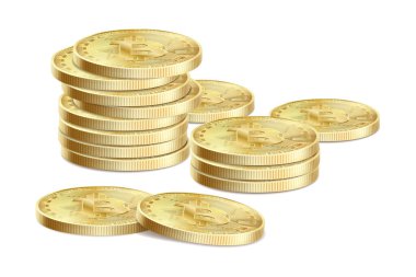 Altın bitcoin arka planı. Şifreli para, sanal para, dijital para ve nakit için Bitcoin Simgesi. Fintech ağ bankacılığı ve engelleme için Bitcoin sembolü. Gerçekçi Vektör 3 boyutlu illüstrasyon