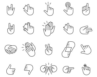 Hand icon set. Clapping hands and other gestures, Brofisting gesture. Thin line art icons set.Black vector symbols isolated on white.