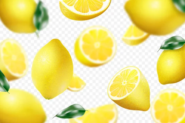 Ganz Fliegende Und Scheiben Geschnittene Zitronen Mit Unschärfeeffekt Hintergrund Realistischer — Stockvektor