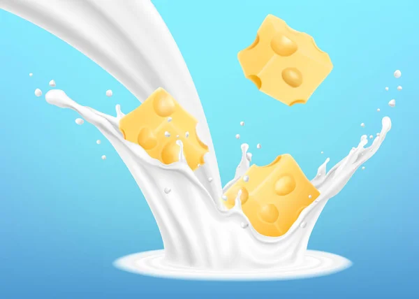 Pieces Cheese Splashing Milk Realistic Vector Illustration Icon Design Element — Διανυσματικό Αρχείο