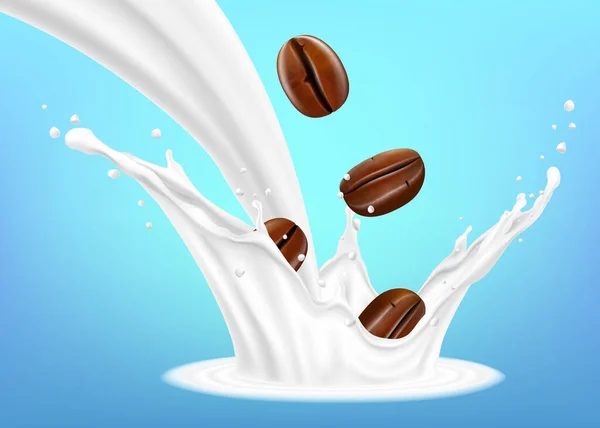 Milk Splash Coffee Beans Lying Milk Tongue Coffee Beans Falling — 图库矢量图片