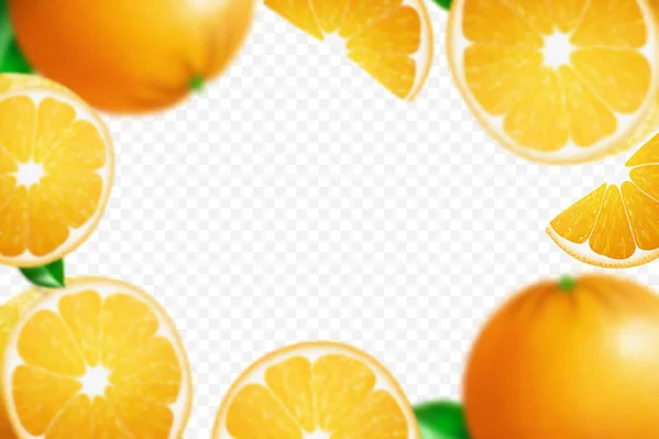 Падающие Апельсины Зелеными Листьями Изолированы Прозрачном Фоне Летаю Обезглавливая Кусочки — стоковый вектор