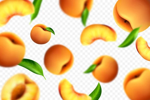 Flying Peaches White Background Vector Realistic Illustration Blur Effect — Stockvektor