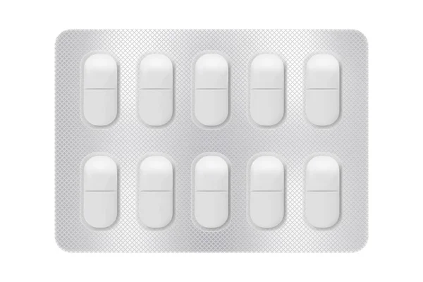 病気や痛みの治療のための薬と一緒に のブリスター タブレット用医薬品パッケージ ビタミン 抗生物質 アスピリン パッケージのモックアップ現実的 背景に分離されたパックのベクトル イラスト — ストックベクタ
