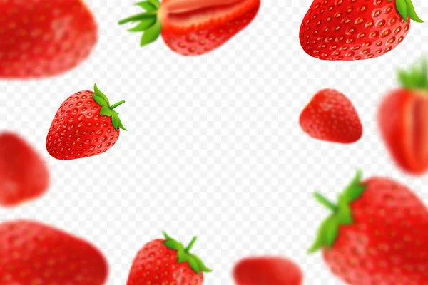 Falling Juicy Ripe Strawberry Green Leaves Isolated Transparent Background Flying — 스톡 벡터