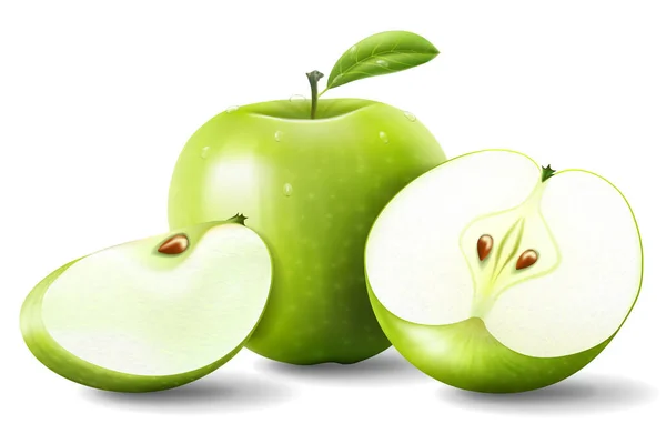 Manzana Manzanas Verdes Con Hojas Verdes Rodajas Manzana Ilustración Vectorial — Archivo Imágenes Vectoriales