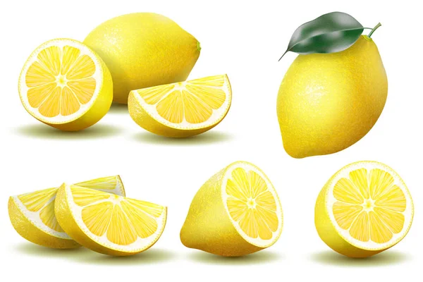 Lemon Realistic Lemon Green Leaf Whole Sliced Set Sour Fresh — Vector de stock