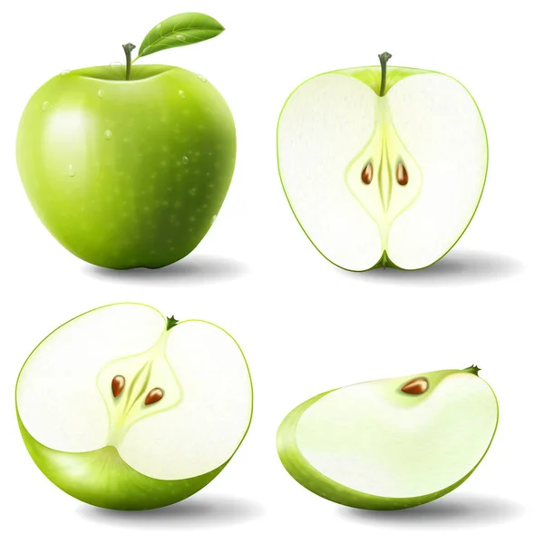 Set Isolated Colored Green Apple Half Slice Whole Juicy Fruit — Vector de stock