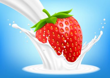 Red fresh strawberry in a splash of milk or yogurt. Fresh berry falls into the milk. 3d realistic vector illustration, isolated on blue background. Sweet food. Organic fruit.
