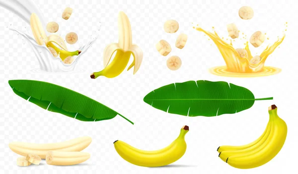 Set Banana Fruits Bunch Bananas Peel Peeled Banana Slices Halves — Stockvektor