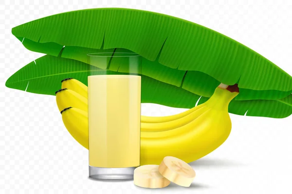 Fruit Healthy Banana Juice Banana Smoothie Glass Bunch Bananas Leaves — Wektor stockowy
